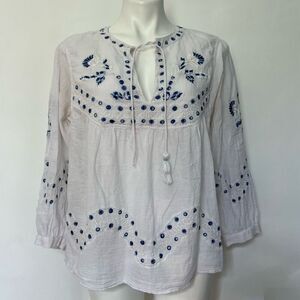 Lucky Brand White and Blue Embroidered Blouse